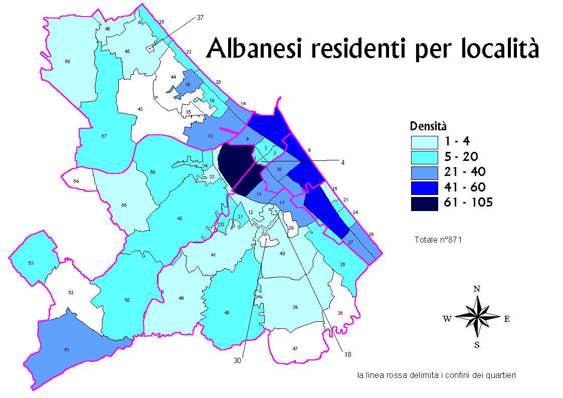 Cartina della distribuzione dei cittadini Albanesi per licalità