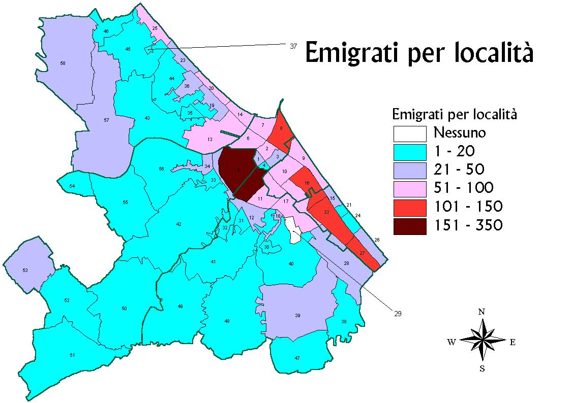 Cartina della distribuzione degli emigrati per licalità