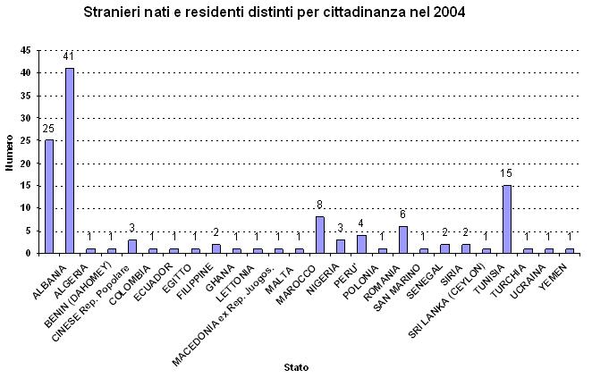 Stranieri nati e residenti distinti per cittadinanza del 2004.
